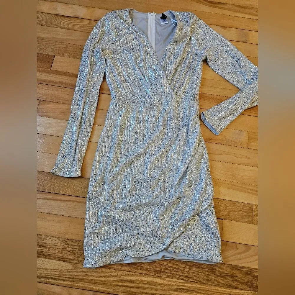 Windsor White and Silver Sequined Long Sleeve Dress